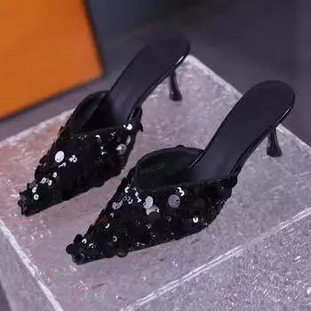 Туфли-лодочки с острым носком и кружевом телесного цвета, женские туфли на каблуке-рюмочке, прозрачная сетка, инкрустированная стразами, летние сексуальные туфли для вечеринок, женские мюли 35 чёрный