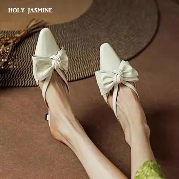 Туфли-лодочки с острым носком и толстым каблуком, женские туфли-лодочки из натуральной кожи, модные туфли с бантом для женщин 2024 года, весна-лето, офис, повседневная обувь 34 белый