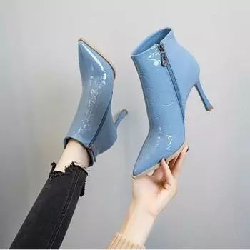 Туфли-лодочки с острым носком, женские ботильоны на высоком каблуке, водонепроницаемые ботильоны на высоком каблуке с боковой молнией, 2024, лакированная кожа, Botas De Mujer 35 небесно-голубой