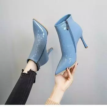 Туфли-лодочки с острым носком, женские, на высоком каблуке, ботильоны, водонепроницаемые, на высоком каблуке, с боковой молнией, лакированные, кожаные, Botas De Mujer 35