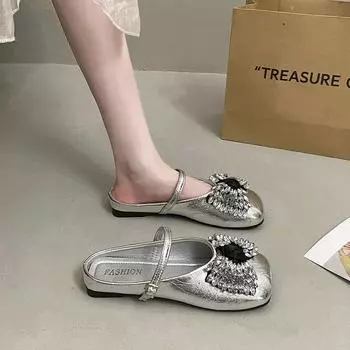 Туфли-лодочки с пряжкой из стразов, с бантом, с полуоткрытой пяткой, женские, летние, новые, универсальные, с квадратным носком, удобные, с мягкой подошвой, с сумкой на носке 35