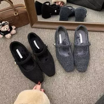 Туфли-лодочки серые с квадратной головкой и толстым каблуком женские зимние французские темпераментные бархатные вечерние туфли Мэри Джейн на высоком каблуке пушистые 35 серый