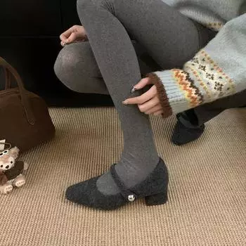 Туфли-лодочки серые с квадратной головкой и толстым каблуком женские зимние французские темпераментные бархатные вечерние туфли Мэри Джейн на высоком каблуке пушистые 35 чёрный