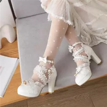 Туфли-лодочки в стиле Лолита с ремешком на щиколотке, кавайные туфли-лодочки с круглым носком, на платформе, на толстом высоком каблуке с пряжкой и бантом, с оборками, женская обувь для косплея, весна-осень 33 бежевый