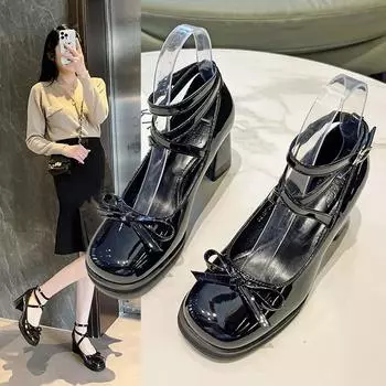 Туфли-лодочки в стиле ретро с перекрестными шнурками, повседневные летние туфли с круглым носком, женские милые модные туфли с бантом 34 чёрный