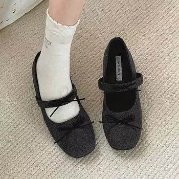 Туфли-лодочки в стиле ретро с закругленным носком и бантом, плоским дном и неглубоким горлом, женские, новинка 2025 года, универсальные туфли Мэри Джейн на мягкой французской подошве 35 чёрный