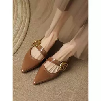 Туфли-лодочки в стиле ретро с золотой пряжкой, женские, французские, на плоской подошве, туфли Мэри Джейн, универсальные, светло-коричневые, на плоской подошве 35 коричневый