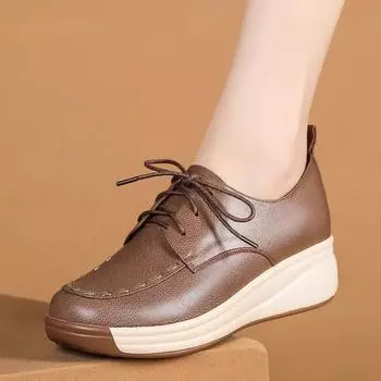 Туфли-лодочки в стиле ретро со шнуровкой и глубоким носком, женские удобные туфли-качалки на толстой подошве, повседневные кожаные туфли на плоской подошве для мам 34 абрикосовый