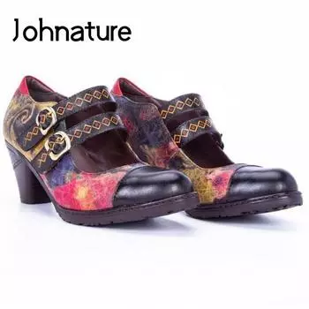 Туфли-лодочки, женская обувь, повседневная женская обувь на платформе, на высоком каблуке из натуральной кожи с круглым носком и ремешком с пряжкой 36 разноцветный