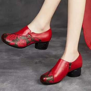 Туфли-лодочки Женская обувь Принт Натуральная кожа Ручная работа Молния Ретро Национальный стиль Женская обувь 35 красный
