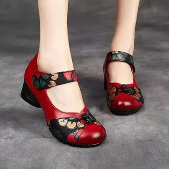 Туфли-лодочки Женская обувь Ретро Натуральная кожа Крючок и петля Повседневная Круглый носок Женская обувь ручной работы 35 красный