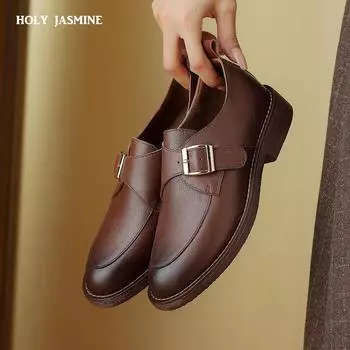 Туфли-лодочки женские на низком каблуке с круглым носком, весна-лето 2024 г., новые качественные лаконичные туфли из натуральной кожи, женские повседневные офисные туфли для леди 34 коричневый