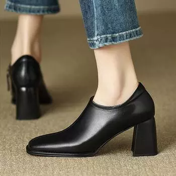 Туфли-лодочки женские ретро Deep Mouth весна и осень Новые квадратные туфли на толстом высоком каблуке и ботильоны черные коричневые кожаные туфли 35 чёрный