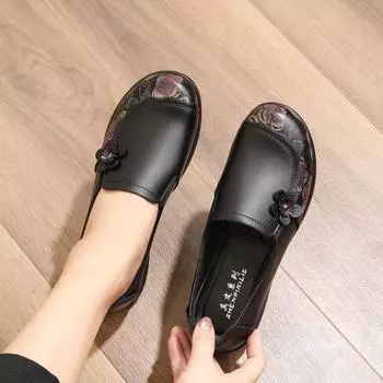 Туфли-лоферы из натуральной кожи с цветочным узором для женщин среднего и пожилого возраста, весна-осень, мягкая подошва для мам, нескользящие туфли без застежек 35