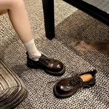 Туфли-лоферы из овчины на платформе со шнуровкой, женские новые туфли-лодочки в стиле ретро на толстом каблуке, кожаные туфли-маффины 35 чёрный