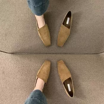 Туфли-лоферы из замши с квадратной головкой и глубоким вырезом на плоской подошве, весна-осень 2024 года, новые простые и универсальные туфли для поездок на работу, небольшие кожаные туфли 35 чёрный