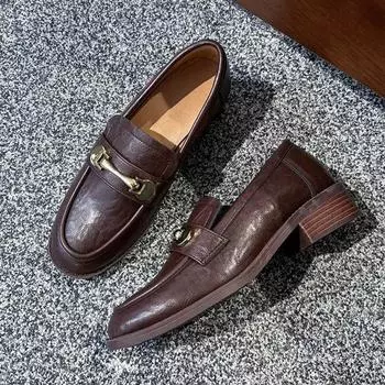 Туфли-лоферы Lazy Person Pedal на толстой подошве, женские, ретро, с толстым каблуком, металлической пряжкой, удобные, универсальные, с глубоким носком 35 коричневый