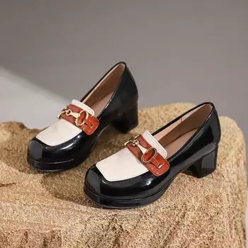 Туфли-лоферы на платформе и каблуке для женщин Лолита с бантом контрастного цвета Женские туфли-лодочки на толстом каблуке из кожи слипоны Tide Golden Buckle 35