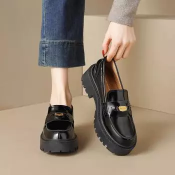 Туфли-лоферы на толстой платформе для женщин из искусственной кожи с ребристой подошвой, пенни-лоферы, женские удобные туфли без застежек, повседневные деловые туфли для работы в офисе 35 чёрный