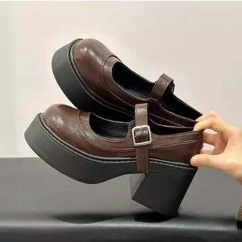 Туфли-лоферы на толстой подошве 2024 года, женские кожаные туфли в японском стиле, модные женские туфли на толстой подошве и платформе в стиле Лолита 4.5 чёрный