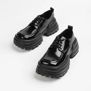 Туфли-лоферы на толстой подошве для женщин, новые весенние туфли на квадратном носке, спортивные, повседневные, на платформе, со шнуровкой, однотонные туфли в британском стиле, маленькие кожаные туфли 34 чёрный