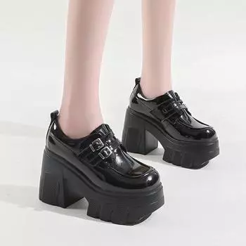 Туфли-лоферы на высоком каблуке женские модные осенние туфли 2024 года из кожи на толстой платформе женские туфли-лодочки без застежек черного цвета Jk Uniform Shoes Mary Janes 34 чёрный