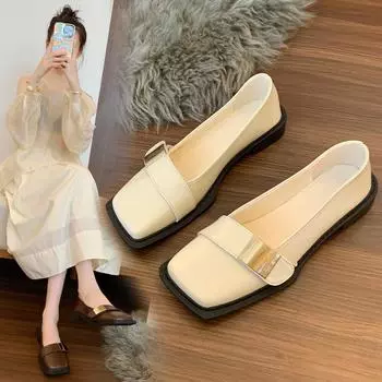 Туфли-лоферы с квадратной головкой и пряжкой на ремне, женские, с одной педалью, популярные новые туфли в британском стиле, с квадратной головкой, черные, на среднем каблуке, одинарные туфли 35 абрикосовый