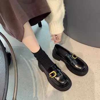 Туфли-лоферы с квадратной пряжкой и толстой подошвой, круглые, универсальные, мягкие, кожаные, одинарные, на толстом каблуке, в британском стиле, маленькие, кожаные, женские 35 коричневый