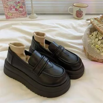 Туфли-лоферы, увеличивающие рост, весна и осень, новые универсальные туфли из кожи маффин на толстой подошве, женские однослойные туфли 35 чёрный