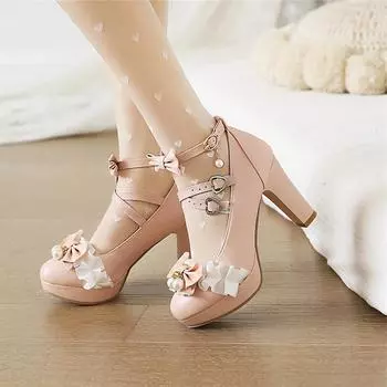 Туфли Лолита с ремешком на щиколотке, туфли-лодочки на платформе с круглым носком, толстый высокий каблук с перекрестным ремешком и пряжкой с бантом, женская обувь, осенний белый цвет 46 33 бежевый