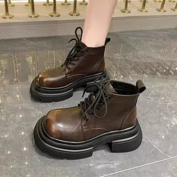 Туфли Лолита Сапоги Зимняя обувь Сапоги-Женщины Плоский каблук Круглый носок Дамские рок резиновые Средние осенние ботильоны Слип-он Шнуровка ПУ 35