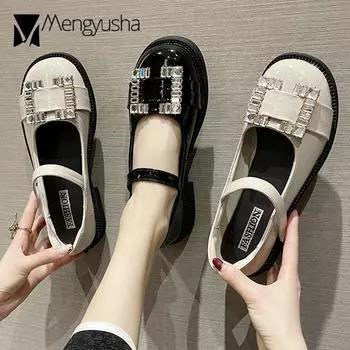 Туфли Lolita со стразами и пряжкой, женские, лакированные кожаные туфли на плоской подошве, джинсы Mary с ремешком, женские туфли на платформе, балетки 5 чёрный