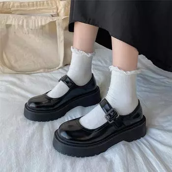 Туфли Лолиты для Wonen Janes, женские туфли на каблуке Y2k на платформе, Лолита Kawaii, туфли Мэри Джейн для косплея, белые студенческие туфли на сладком низком каблуке 35 чёрный