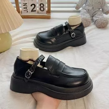 Туфли Лолиты с милой пряжкой и ремешком, женские однотонные кожаные туфли на платформе Мэри Джейн, женские туфли-лодочки на массивном каблуке с металлическими украшениями 37 чёрный