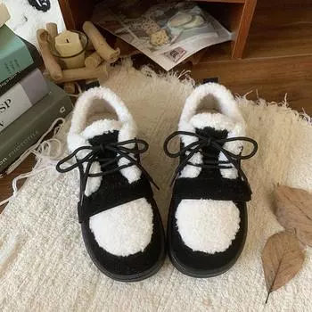 Туфли Mao Mao из хлопка, женские, новые зимние, подходящие по цвету, с круглым носком, на шнуровке, повседневные и удобные, бархатные туфли-бобы 35 чёрный