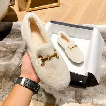 Туфли Мао Мао женские зимние 2025 норка Doudou туфли на толстой подошве бархатные термохлопковые туфли большого размера бархатные толще 34