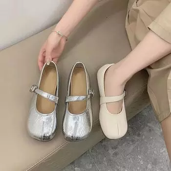 Туфли Мэри Джейн 2024 года, лето, новые, с небольшим горлом, с круглой головкой, односложная пряжка, ремешок, плоская подошва, модные, универсальные, с жемчужными шнурками, одинарные туфли 35 бежевый