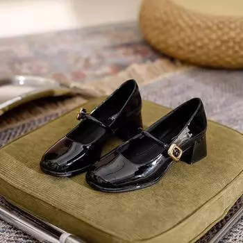 Туфли Мэри Джейн 2024 года, новые женские туфли на каблуках весна-лето для женщин, элегантные туфли на среднем каблуке с квадратным носком в корейском стиле, золотисто-серебряные, формальные 35 чёрный