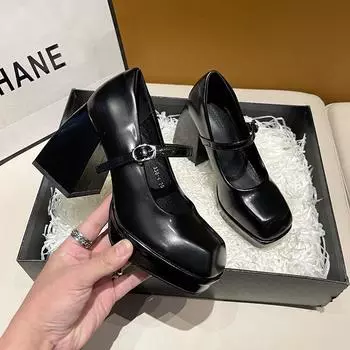 Туфли Мэри Джейн большого размера на высоком каблуке, женские французские туфли с одним словом и толстым каблуком, водонепроницаемые туфли из кожи с квадратной головкой 35 белый