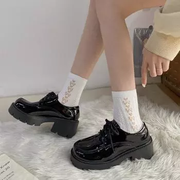 Туфли Мэри Джейн большого размера на высоком каблуке женские 2024 года в британском стиле со шнуровкой на толстой подошве и толстом каблуке из бархата маленькие кожаные туфли 35