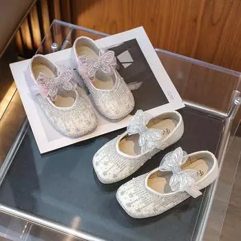 Туфли Мэри Джейн для девочек на вечеринку, свадьбу, милые детские модные туфли с бабочками 2024 года, новые стразы, элегантные туфли принцессы на плоской подошве в корейском стиле 23 бежевый