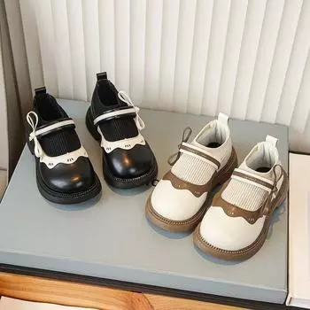 Туфли Мэри Джейн для девочек, осенне-зимние, новые, винтажные, с бабочками, детские, черные, с мягкой подошвой, кожаные, принцессные туфли 23 чёрный