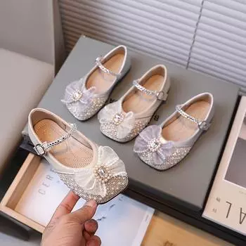 Туфли Мэри Джейн для девочек с квадратной головкой, со стразами и жемчугом, кожаные туфли для вечеринки, свадьбы, детская обувь для принцесс 21 абрикосовый
