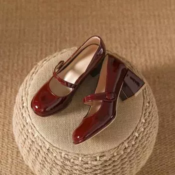 Туфли Мэри Джейн для женщин 2024 года, винно-красные, массивные каблуки, милые стильные туфли с неглубоким носком, кожаные мокасины, обувь для девочек, каблуки для женщин 34 бежевый