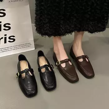 Туфли Мэри Джейн для женщин Модельные туфли на плоской подошве Женские туфли Мэри Джейн на плоской подошве с квадратным закрытым носком и регулируемым ремешком на щиколотке Нескользящие офисные туфли-лоферы 35 чёрный
