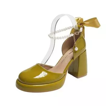 Туфли Мэри Джейн для женщин на толстом каблуке 2024 года, весна и осень, новые французские туфли с жемчужным бантом, туфли-лодочки в стиле феи на высоком каблуке 34 зелёный