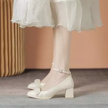 Туфли Мэри Джейн для женщин Туфли-лодочки с квадратным носком и ремешками на щиколотке Женские повседневные удобные туфли на толстом каблуке Туфли Мэри Джейн для свадебной вечеринки 34 абрикосовый