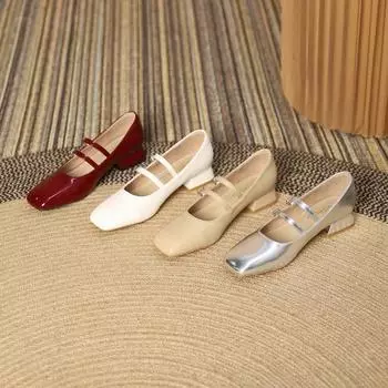 Туфли Мэри Джейн для женщин Весна Новые туфли на толстом каблуке с низкой подошвой Туфли-лодочки с мягкой подошвой Свадебные туфли-балетки Zapatos Mujer 34 абрикосовый