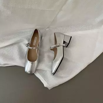 Туфли Мэри Джейн из французского серебра, женская обувь, весенне-летняя, темпераментная, на толстом каблуке, с квадратной головкой, с надписью «Light Mouth» и одним словом 35 серебряный