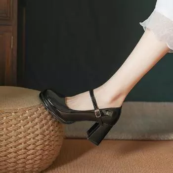 Туфли Мэри Джейн из коровьей кожи на платформе и высоком каблуке для женщин - водонепроницаемые, в стиле ретро, с ремешком с пряжкой и толстым каблуком 34 чёрный